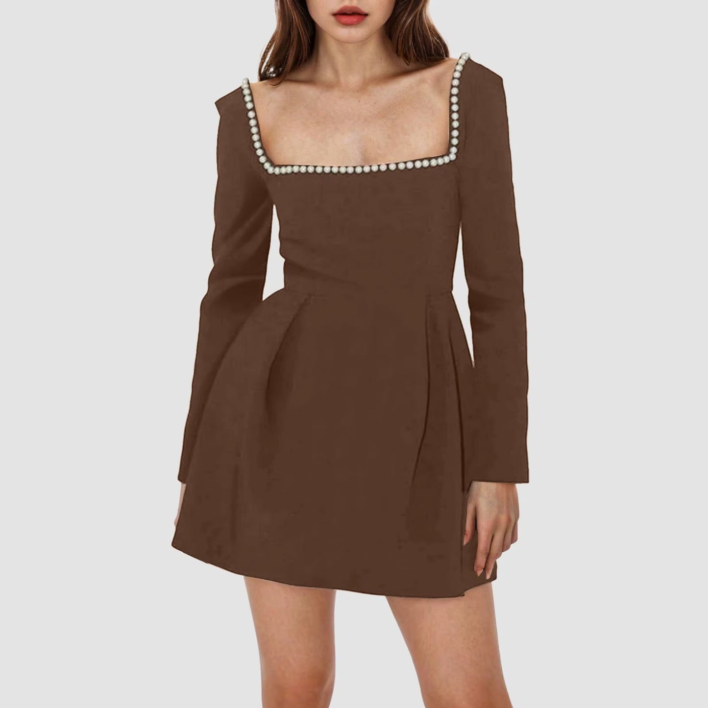 All Summer Dresses Women Long Sleeve Mini Dress Pearl Square Neck Ruffle Hem Short Dress Bridal Party Club Chiffon Dress Evening